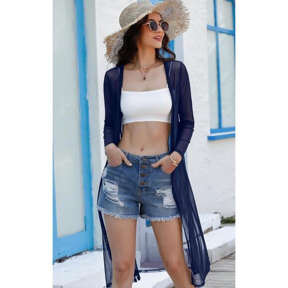 NWT Totatuit Long Layering Cardigan Open Front Tops Solid Duster Navy Blue Small - Picture 3 of 5